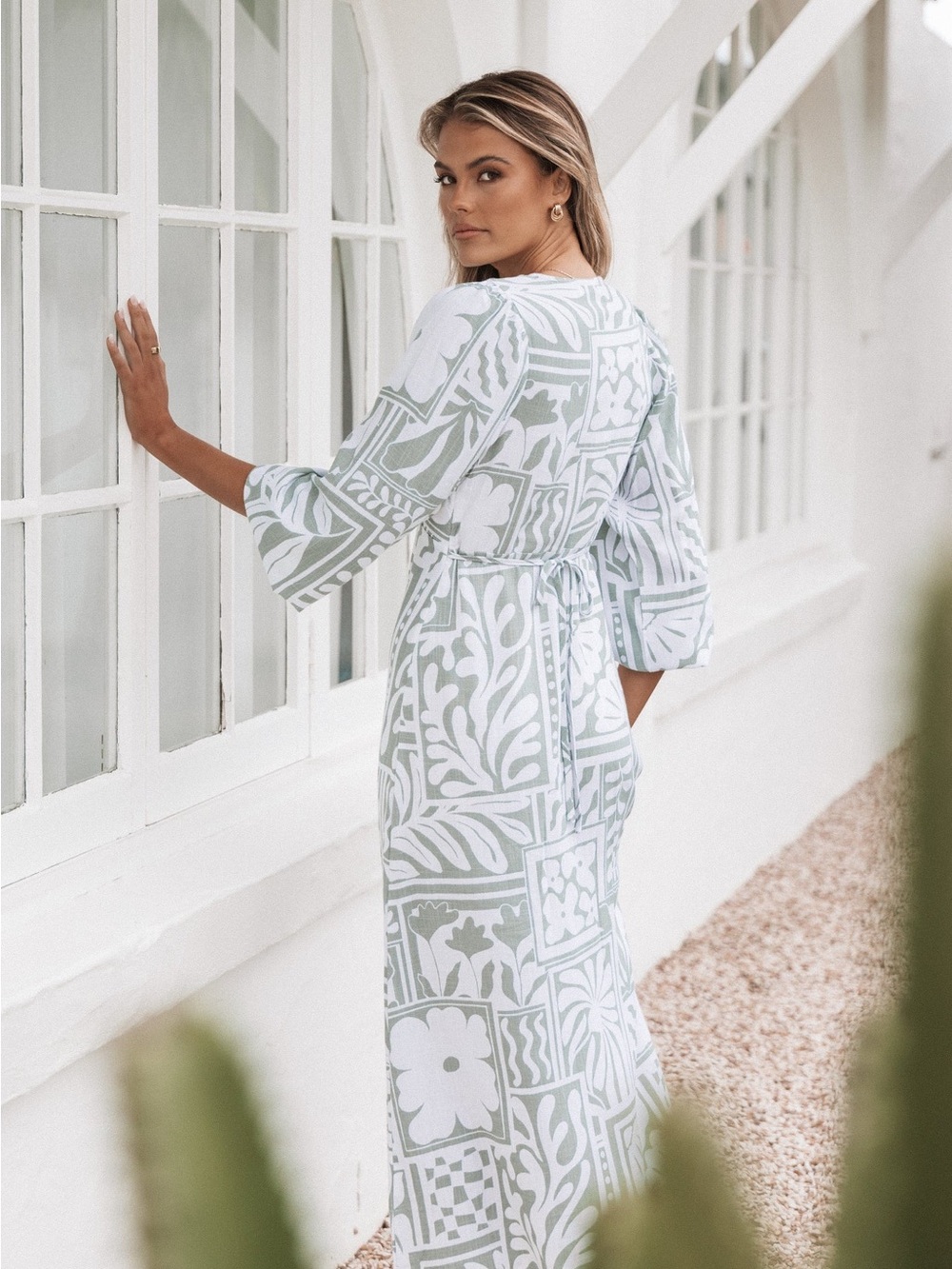 Petal & Pup Kolby Long Sleeve Midi Dress Light Green & White Printed Maxi Dress - Picture 2 of 11